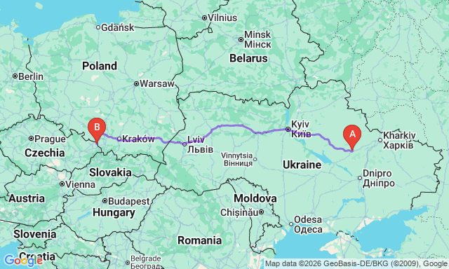 Карта маршрута Полтава - Карвина