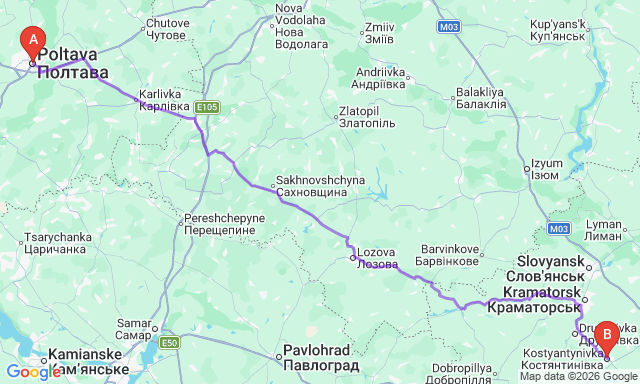 Карта маршрута Полтава - Константиновка