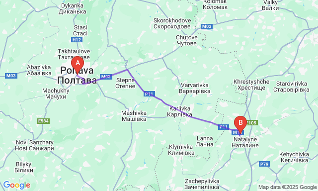 Карта маршрута Полтава - Берестин