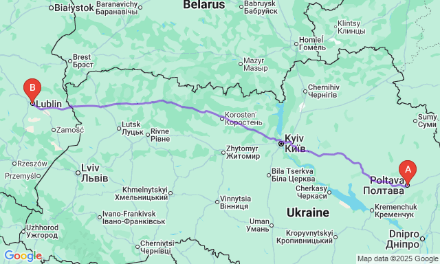 Карта маршруту Полтава - Люблін