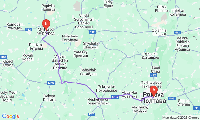 Карта маршруту Полтава - Миргород