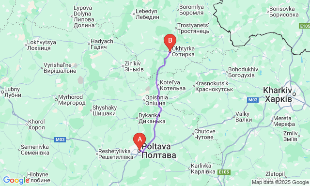 Карта маршруту Полтава - Охтирка