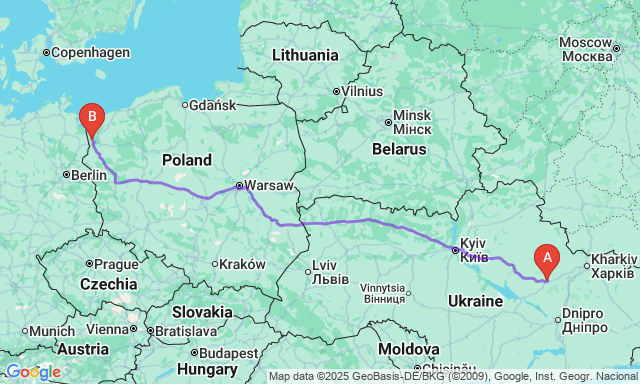 Карта маршруту Полтава - Щецин