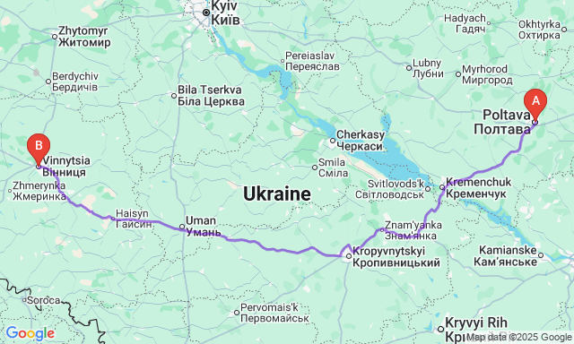 Карта маршруту Полтава - Вінниця