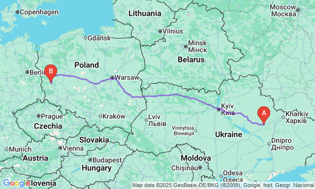 Карта маршруту Полтава - Зелена Гура