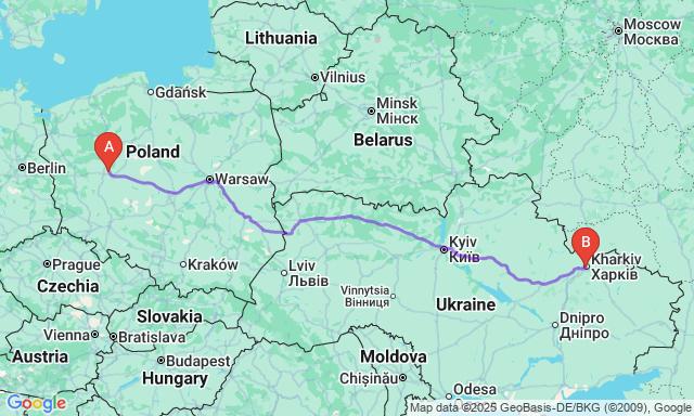 Карта маршруту Познань - Харків