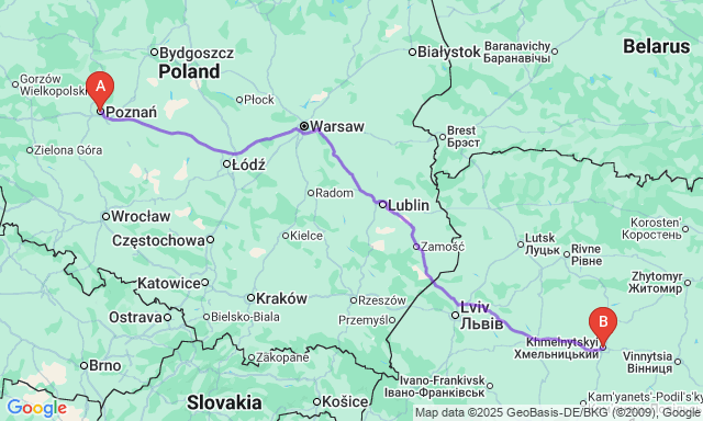 Карта маршруту Познань - Хмельницький