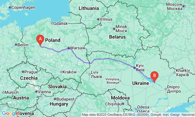 Карта маршруту Познань - Кременчук