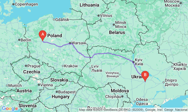 Карта маршруту Познань - Кропивницький