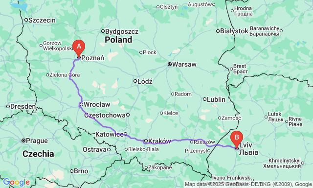 Карта маршруту Познань - Львів