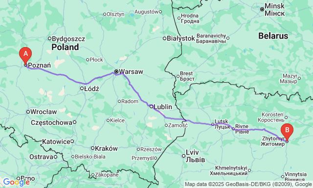 Карта маршруту Познань - Житомир