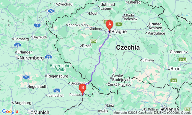 Route map Prague - Passau
