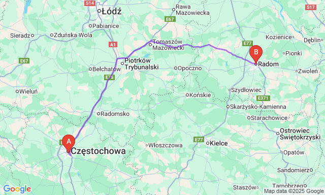 Route map Radom - Częstochowa