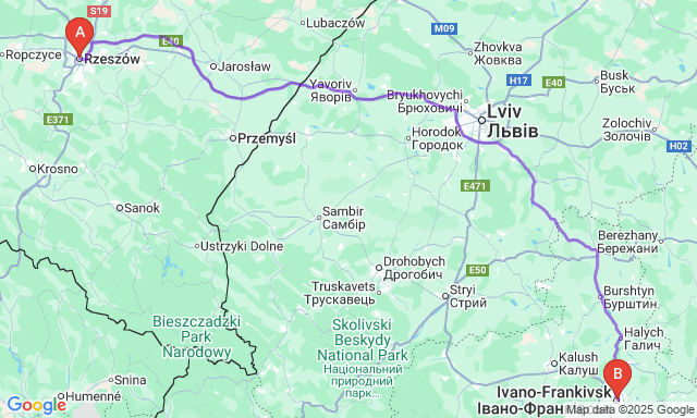 Карта маршруту Ряшів - Івано-Франківськ