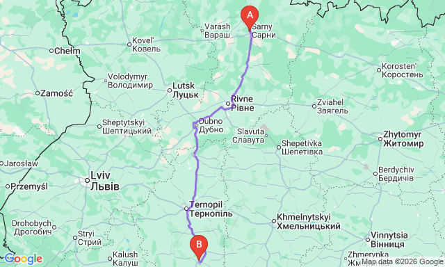 Route map Sarny - Chortkiv