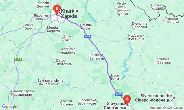Карта маршруту Слов'янськ - Харків