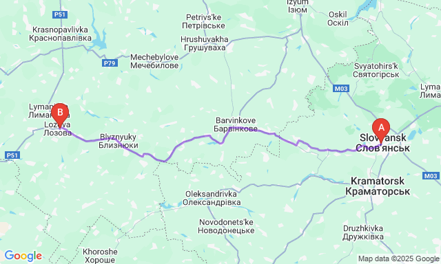 Карта маршруту Слов'янськ - Лозова