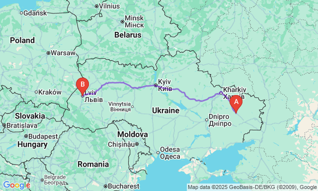 Карта маршруту Слов'янськ - Львів