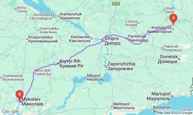 Карта маршруту Слов'янськ - Миколаїв