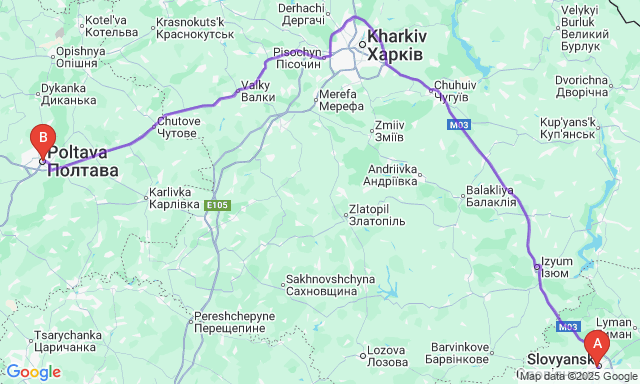 Карта маршруту Слов'янськ - Полтава