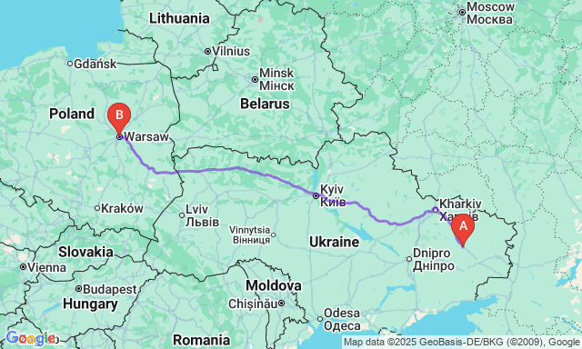 Карта маршрута Славянск - Варшава