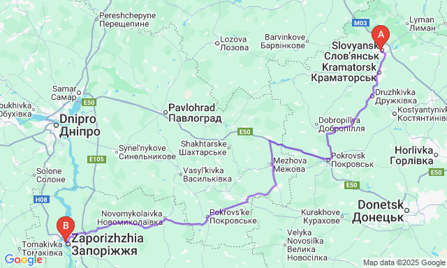 Карта маршруту Слов'янськ - Запоріжжя