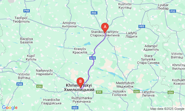Карта маршруту Старокостянтинів - Хмельницький