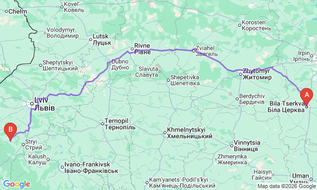 Карта маршруту Стебник - Біла Церква