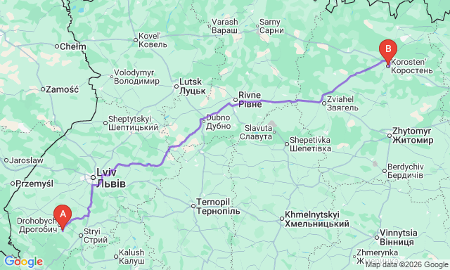 Route map Stebnyk - Korosten
