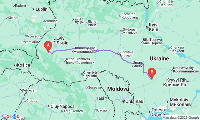 Route map Stebnyk - Pervomaisk