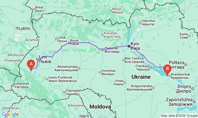 Route map Stebnyk - Svitlovodsk