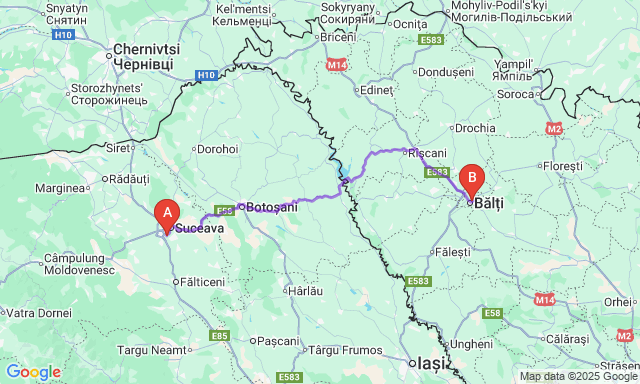 Карта маршруту Сучава - Бєльці