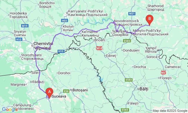 Карта маршруту Сучава - Чернівці