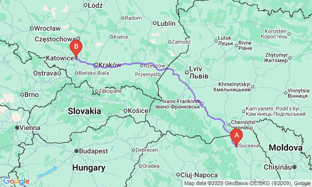 Карта маршруту Сучава - Катовіце