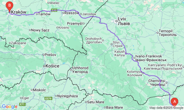 Карта маршруту Сучава - Краків