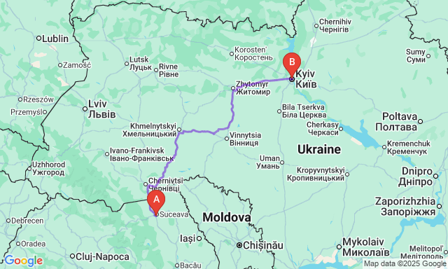 Карта маршруту Сучава - Київ