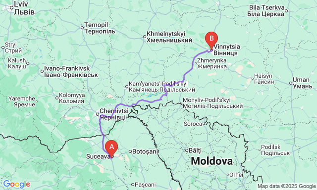 Карта маршруту Сучава - Вінниця