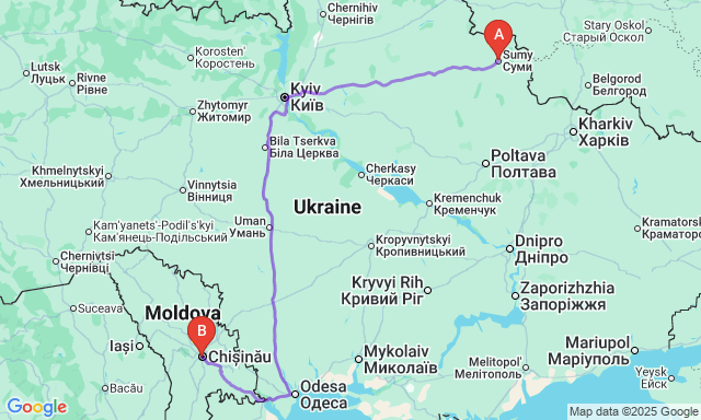 Карта маршруту Суми - Кишинів