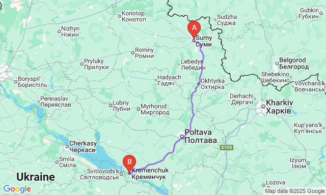 Карта маршруту Суми - Кременчук