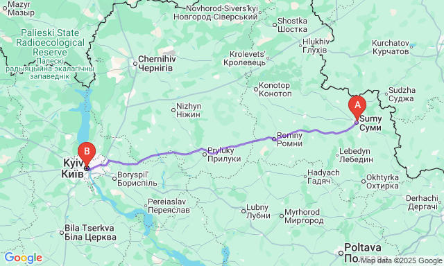Карта маршруту Суми - Київ
