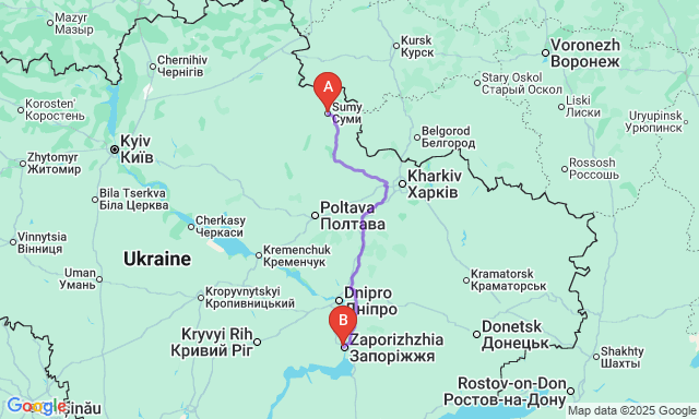 Карта маршруту Суми - Запоріжжя