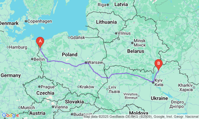 Карта маршруту Щецин - Чернігів