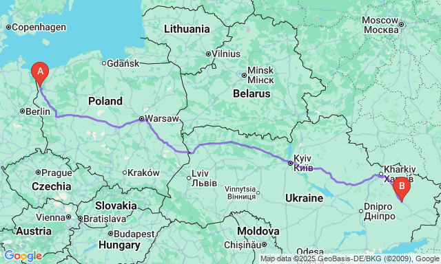 Карта маршрута Щецин - Славянск