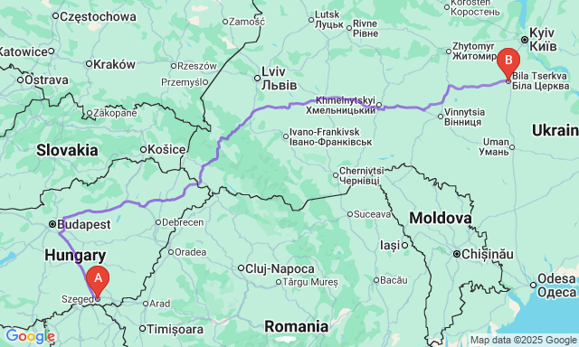 Route map Szeged - Bila Tserkva