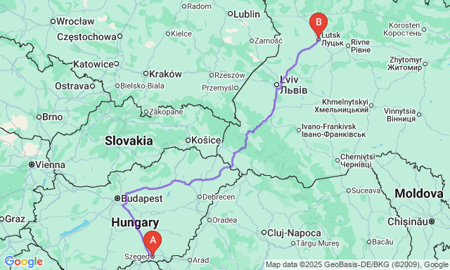Route map Szeged - Lutsk
