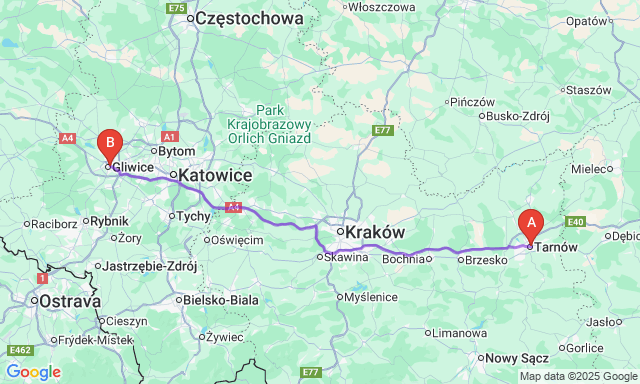 Route map Tarnów - Gliwice