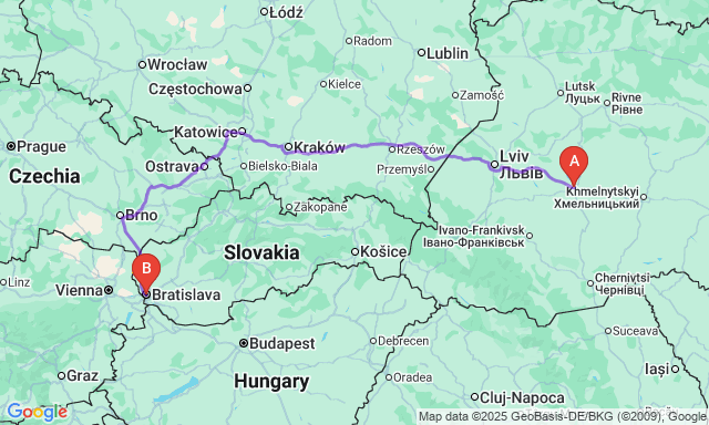 Карта маршруту Тернопіль - Братіслава