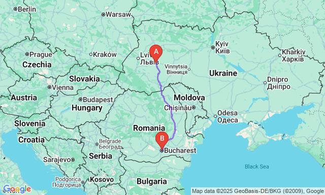Карта маршруту Тернопіль - Бухарест