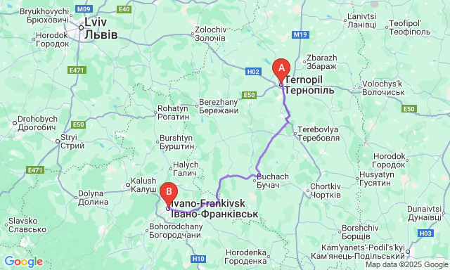Карта маршруту Тернопіль - Івано-Франківськ