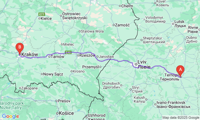 Карта маршруту Тернопіль - Краків